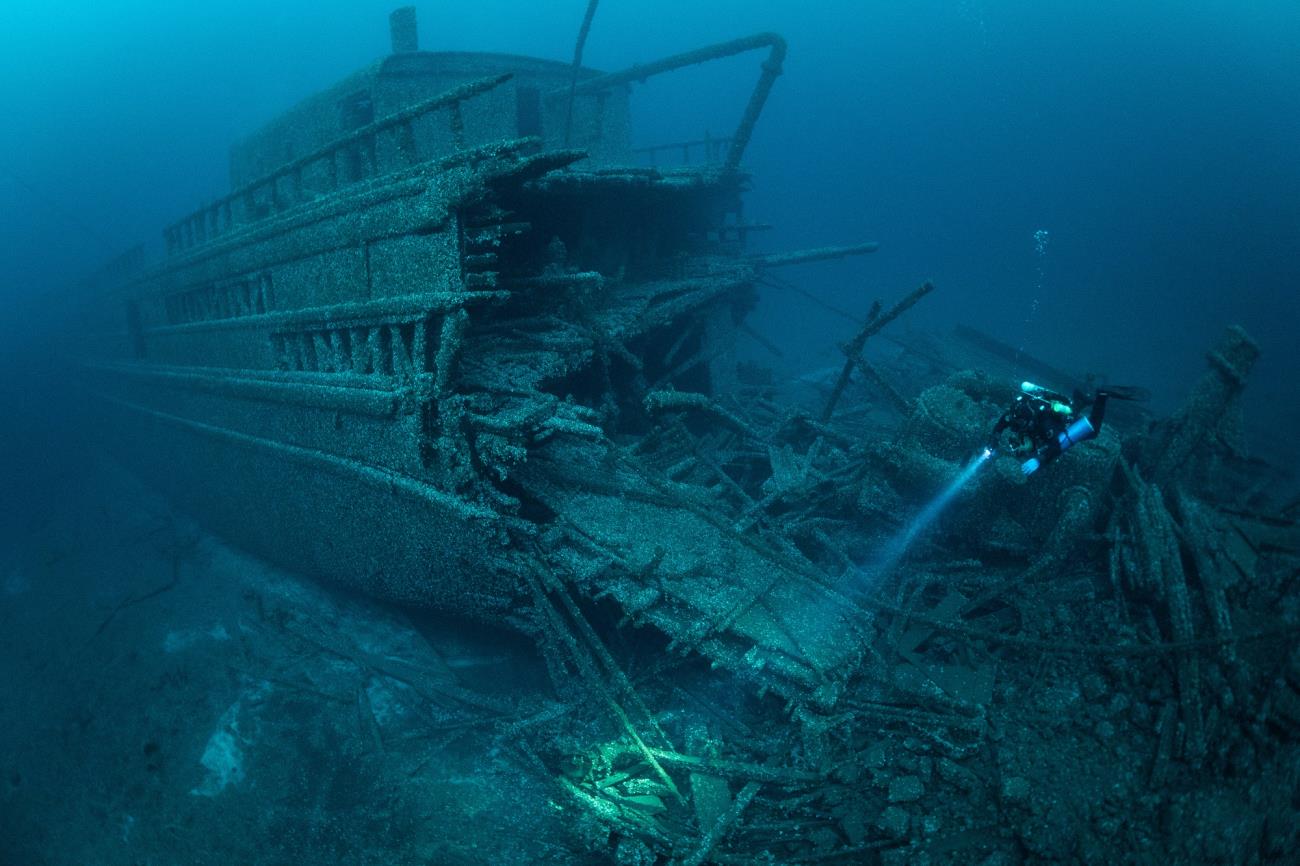 The SS Florida shipwreck, located in Lake Huron at a depth of 206 feet.