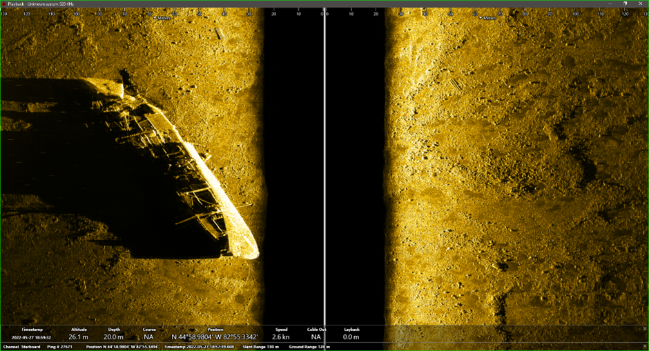 Side scan sonar image of Monrovia site observed by the Michigan Technological University Great Lakes Research Center Iver AUV.