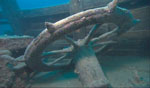Wooden wheel on deck.